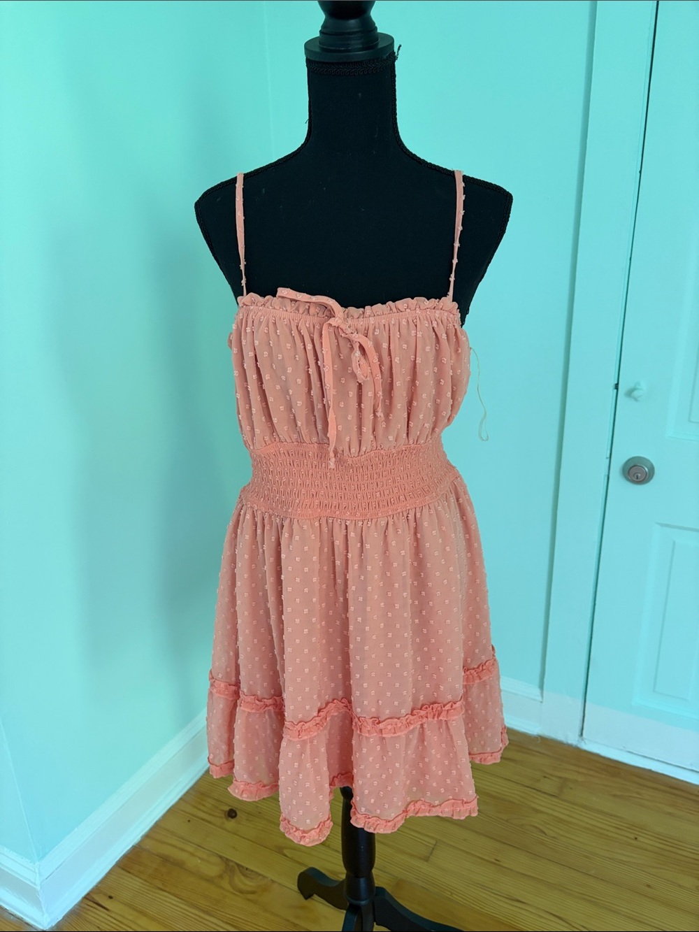 Trixxi Coral Peach Swiss-Dot Smocked Sundress